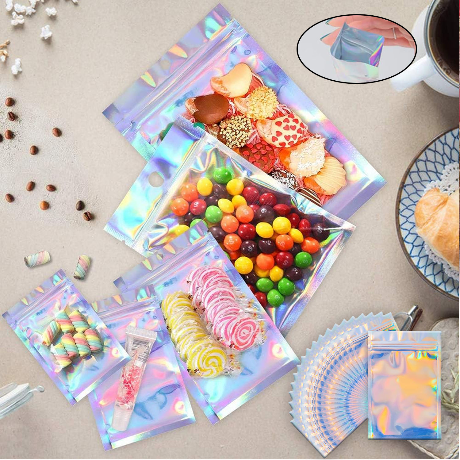 Food Storage In Mylar Bags - Sacos Mylar arco-íris holográficos resseláveis, malotes